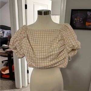 Plaid Puff Sleeve Crop Top - Cream
